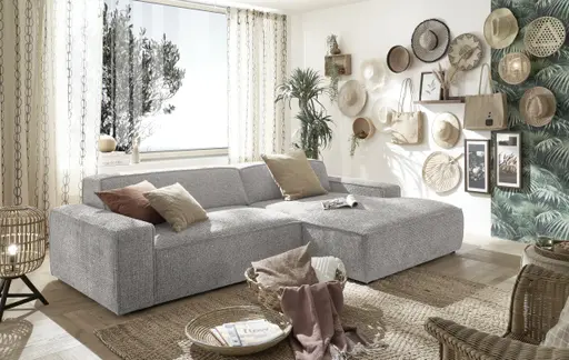 Ecksofa - 2-Sitzer mit Longchair rechts, Sitzvorzug motorisch, Stoff, Silbergrau