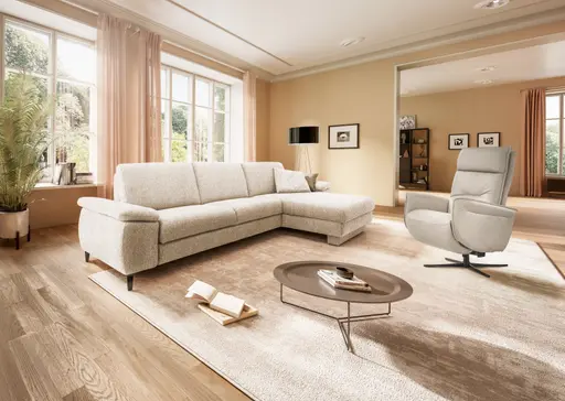 Ecksofa Colombia - 2,5-Sitzer mit Longchair rechts, Armlehne verstellbar, Stoff, Natur