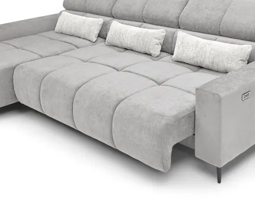 Ecksofa - Longchair links mit 2-Sizer, Sitztiefe verstellbar motorisch/Kopfteil verstellbar, Stoff, Silbergrau
