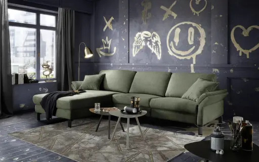 Ecksofa CALM PREMIUM 2.0 - Longchair links mit 3-Sitzer, Rückenlehne verstellbar, Stoff, Dunkelgrün