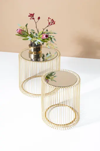 Beistelltisch- 2-er Set, Messing, Pulverbeschichtet, Goldfarben, Glas