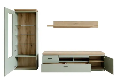 TV-Lowboard - mit Beleuchtung, B ca. 195 cm, Salbeigrün, Eiche Evoke Nachbildung