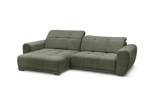 Ecksofa - Longchair links mit 2-Sitzer, Kopfteil verstellbar, Sitztiefe verstellbar motorisch, Stoff, Moos