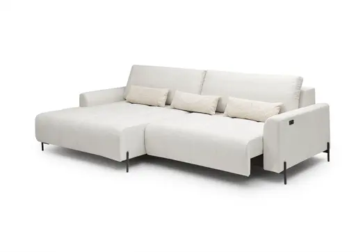 Ecksofa - Longchair links mit 2-Sitzer, Sitztiefe verstellbar motorisch, Stoff, Creme