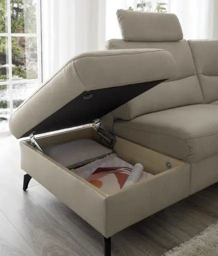 Ecksofa EM Amarante - mit Kopfstützen, Nackenkissen, Ecke links mit 3-Sitzer, Leder, beige