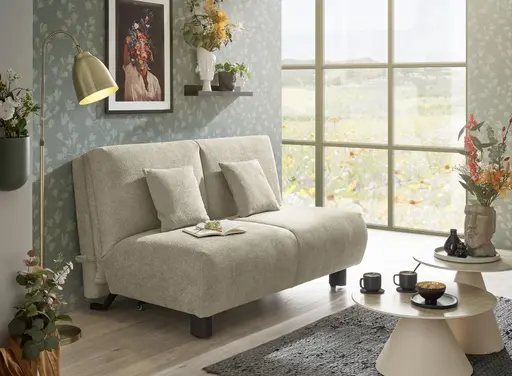  Faltsofa EBBY - 2-Sitzer ohne Armlehne, 140 cm inkl. Schlaffunktion/Relaxfunktion, Stoff, Taupe