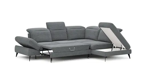 Ecksofa Alegria - 2,5-Sitzer mit Ecke rechts inkl. Schlaffunktion und Kopfteil/ Armteil/ Sitztiefe verstellbar, Stoff, Graublau