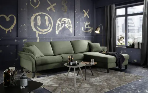 Ecksofa CALM PREMIUM 2.0 - 3-Sitzer mit Longchair rechts, Rückenlehne vertellbar, Stoff, Dunkelgrün