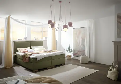 Boxspringbett SANDRIN A- Liegefläche ca. 200x200 cm, Stoff, Olivgrün, inkl. Stauraum