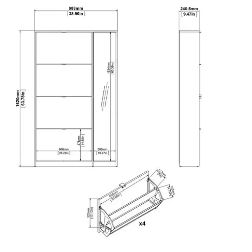 Schuhschrank - B ca. 99 cm, Eiche Struktur Nachbildung, Weiß Hochglanz