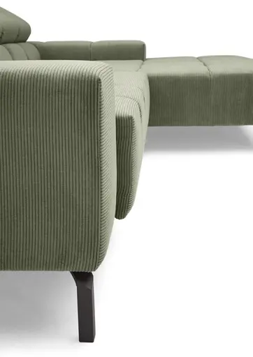 Ecksofa CLIVIA -  2-Sitzer mit Longchair rechts, Sitzvorzug motorisch, Kopfteil verstellbar, Feincord, Olive