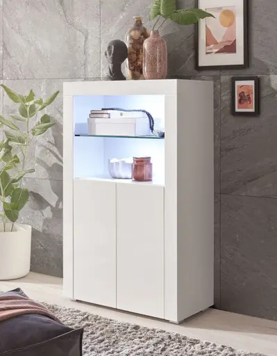 Highboard- Weiß, Weiß, Hochglanz, 