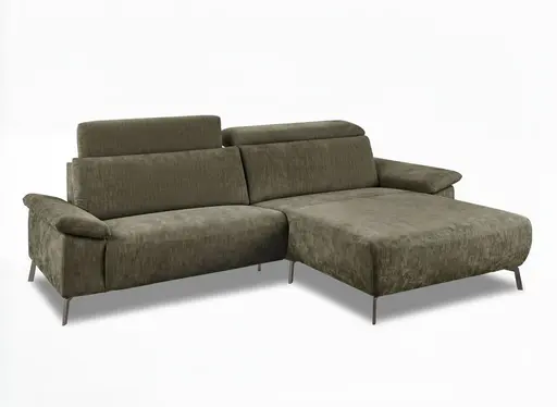 Ecksofa - 1,5-Sitzer mit Longchair rechts, Kopfteil verstellbar, Stoff, Olivgrün