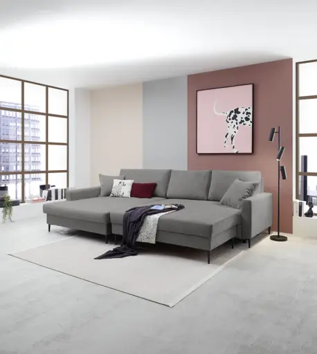 Ecksofa - Longchair links mit 3-Sitzer, Schlaffunktion mit Bettkasten, Stoff, Grau
