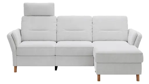 Ecksofa Vayra - 2,5-Sitzer mit Longchair rechts, inkl. Relaxfunktion (motorisch) und Kopfstütze verstellbar (manuell), Stoff, Offwhite