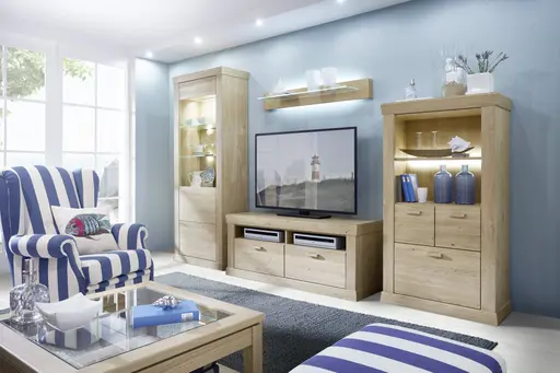 Wohnwand - mit Beleuchtung, Asteiche teilmassiv