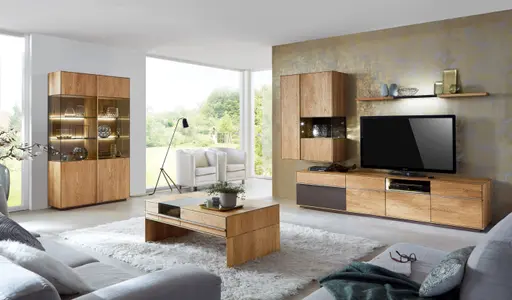 Wohnwand - mit Beleuchtung, Asteiche massiv