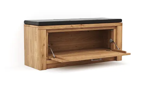 Schuhschrank Farmingdale - Eiche massiv, natur geölt mit Sitzkissen schwarz