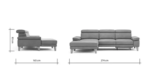 Ecksofa Hudson - Longchair links mit 2,5-Sitzer, inkl. Kopfteil/Armlehne verstellbar und Relaxfunktion (motorisch), Stoff, Steingrau