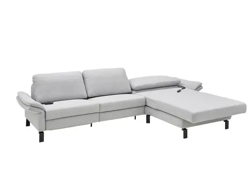 Ecksofa - 3-Sitzer mit Longchair rechts, Relaxfunktion motorisch, Stoff, Hellgrau