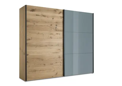 Schwebetürenschrank Colorado - B. ca. 257 cm, Eiche, Glas Graugrün