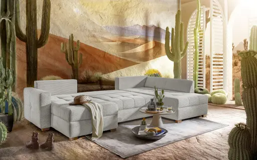 Wohnlandschaft JOSY - Longchair links, 1,5-Sitzer, Ecke rechts inkl. Schlaffunktion mit Bettkasten, Stoff, Graubeige