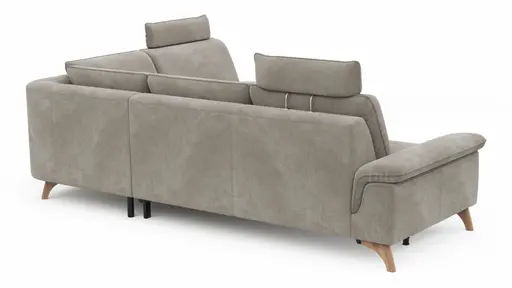 Ecksofa Tulsa KS - 2,5-Sitzer, Spitzecke und 1,5-Sitzer mit Anstellhocker aufklappbar rechts, inkl. Kopfstütze, AL verstellbar und Schlaffunktion, Stoff, Graubeige