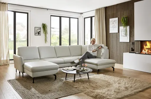 Wohnlandschaft - Longchair links mit 2,5-Sitzer und Ecke rechts, Leder, Silbergrau