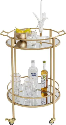 Servierwagen- Stahl, Lackiert, Goldfarben, Glas, Klar