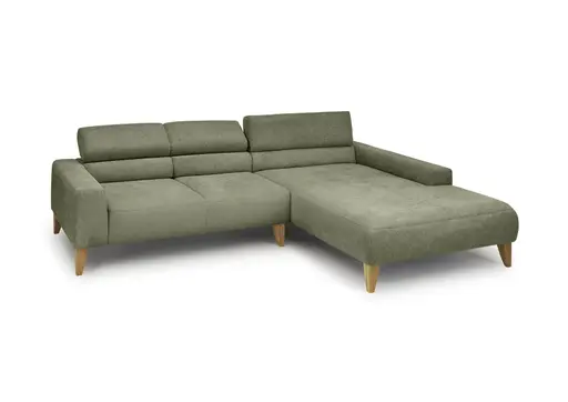 Ecksofa CHENOA - 2-Sitzer mit Longchair rechts, Kopfteil verstellbar, Stoff, Dunkelgrün