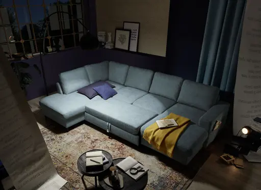 Wohnlandschaft - Ecke links mit 2-Sitzer und Longchair rechts, Stoff, Azur