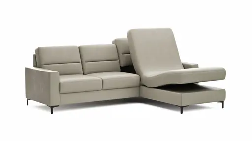 Ecksofa Merlos H - 2,5-Sitzer mit Longchair rechts inkl. Relaxfunktion (motorisch), Leder, Kreide
