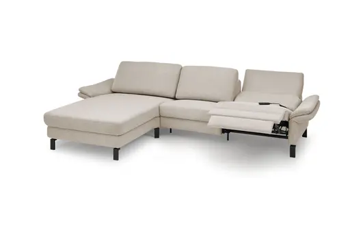 Ecksofa CALM PREMIUM 2.0 - Longchair links mit 3-Sitzer, Relaxfunktion motorisch, Armlehne verstellbar, Stoff, Sand