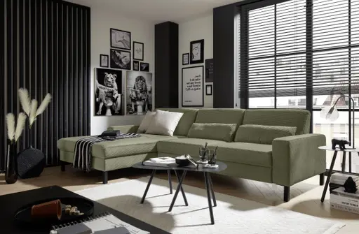 Ecksofa CALM MOVE 2.0 - Longchair links mit 2,5-Sitzer, Feincord, Olive