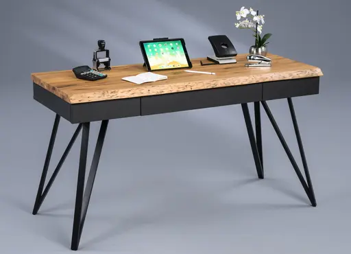 Schreibtisch MEIRA - Wildeiche massiv, Metall schwarz