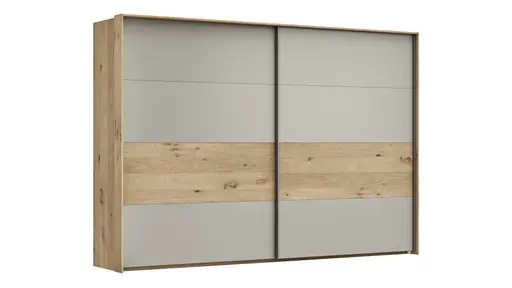 Schwebetürenschrank Viana - B ca. 308 cm, Furnier, Balkeneiche, Hellgrau