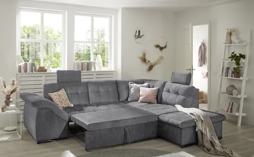 Ecksofa - 2-Sitzer, Ecke rechts inkl. Schlaffunktion und Bettkasten, Armteilverstellung, Stoff, Anthrazit