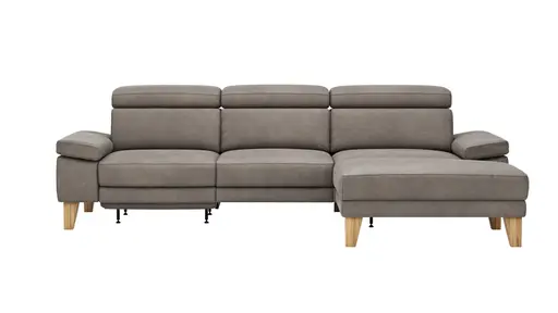 Ecksofa Hudson - 2,5-Sitzer mit Longchair rechts, inkl. Kopfteil/Armlehne verstellbar und Relaxfunktion (motorisch), Stoff, Steingrau