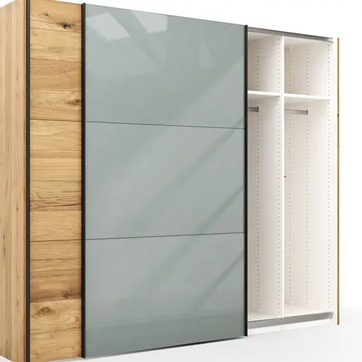Schwebetürenschrank Colorado - B. ca. 257 cm, Eiche, Glas Graugrün
