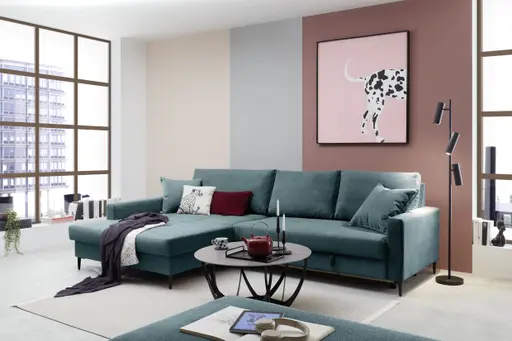 Ecksofa - Longchair links mit 3-Sitzer, Schlaffunktion mit Bettkasten, Stoff, Azur