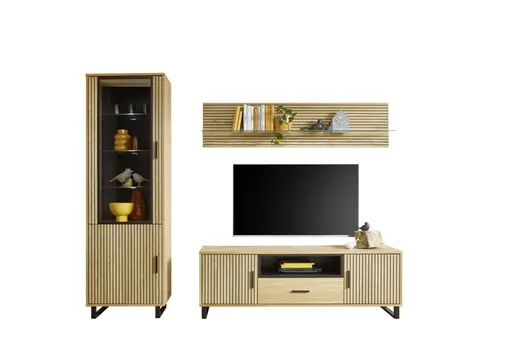 Highboard- Eiche furniert, Schwarz, Glas