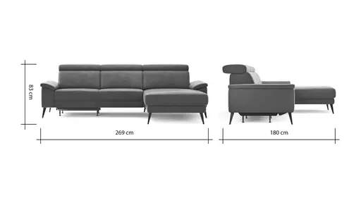 Ecksofa Anna - 2,5-Sitzer mit Longchair rechts inkl. Relaxfunktion (motorisch), Kopfteil verstellbar, Stoff, Stahl