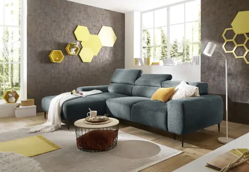 Ecksofa - Longchair links mit 2-Sitzer, Sitzvorzug motorisch, Kopfteil verstellbar, Stoff, Blaugrün