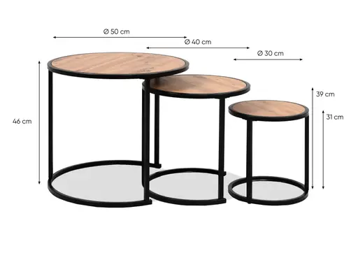 Beistelltisch - 3er Set, Eiche Dekor, Schwarz