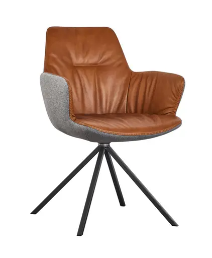 Armlehnstuhl Pegara - Stoff, Hellgrau, Leder, Cognac