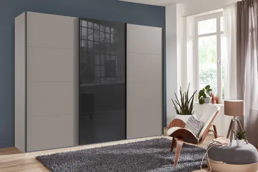 Schwebetürenschrank- B ca, 270 cm, Grau, Glas, Schwarz