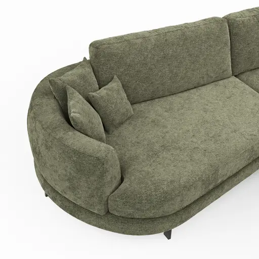 Ecksofa Solenne - Diwan rund links mit Ottomane rechts, Stoff, Olive