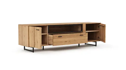 Lowboard Blackpool - Eiche massiv mit Metallrahmen schwarz und Holzbalken