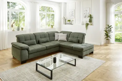 Ecksofa - 3-Sitzer mit Ecke rechts, Kopfteil verstellbar, Stoff, Moos