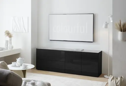 Lowboard - B ca. 181 cm, Schwarz, Keramikoptik